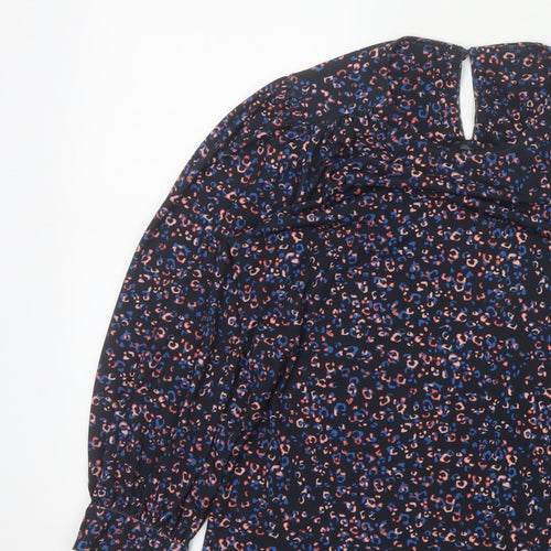 Monsoon Women Blue Leopard Print High Neck Puff Sleeve Blouse Size S