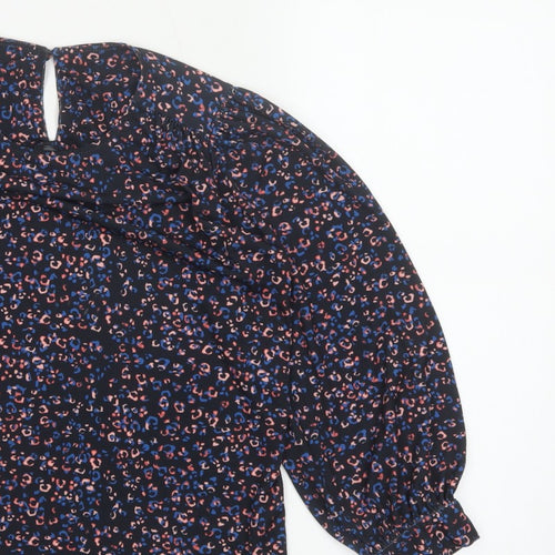 Monsoon Women Blue Leopard Print High Neck Puff Sleeve Blouse Size S