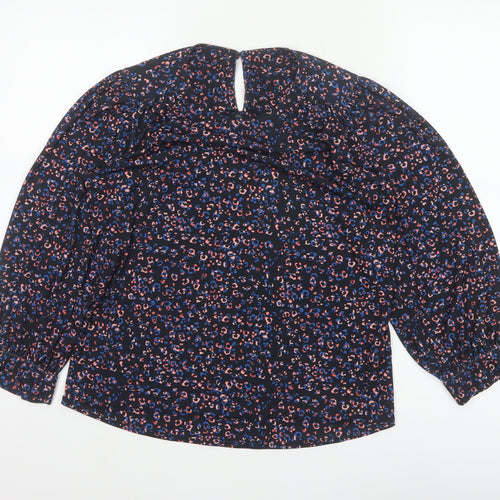 Monsoon Women Blue Leopard Print High Neck Puff Sleeve Blouse Size S