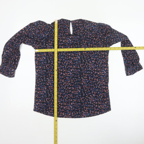 Monsoon Women Blue Leopard Print High Neck Puff Sleeve Blouse Size S