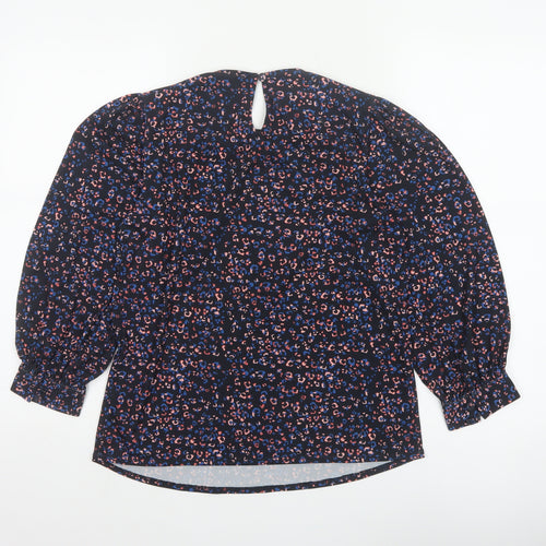 Monsoon Women Blue Leopard Print High Neck Puff Sleeve Blouse Size S