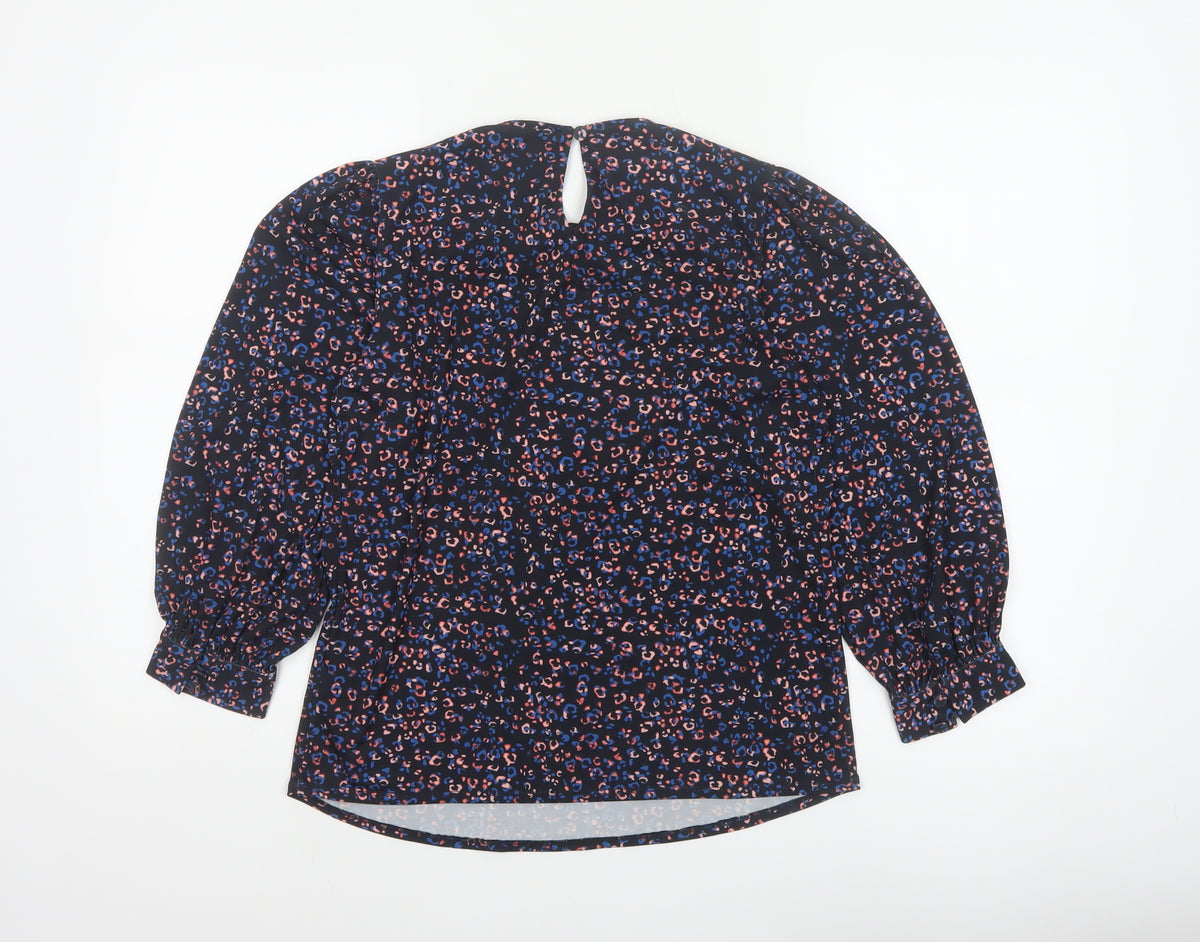 Monsoon Women Blue Leopard Print High Neck Puff Sleeve Blouse Size S