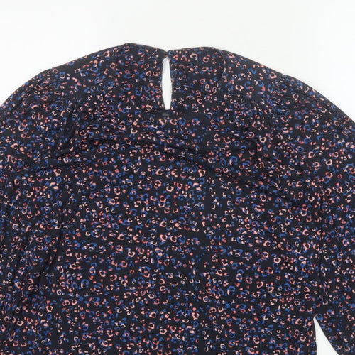 Monsoon Women Blue Leopard Print High Neck Puff Sleeve Blouse Size S