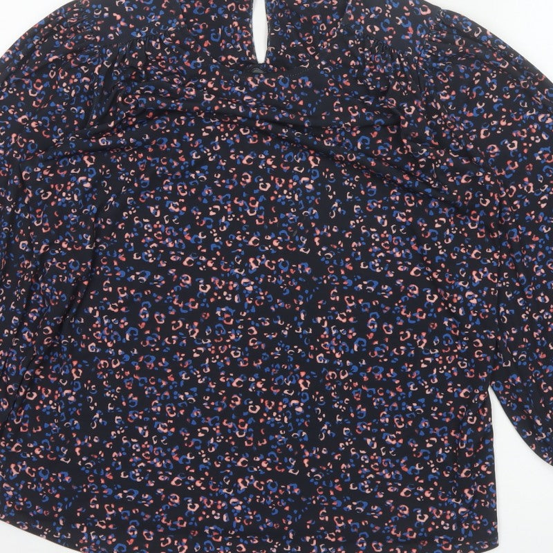 Monsoon Women Blue Leopard Print High Neck Puff Sleeve Blouse Size S