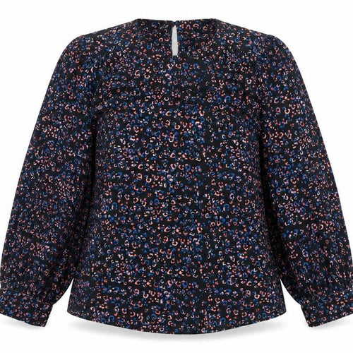 Monsoon Women Blue Leopard Print High Neck Puff Sleeve Blouse Size S