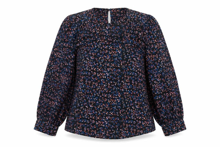 Monsoon Women Blue Leopard Print High Neck Puff Sleeve Blouse Size S
