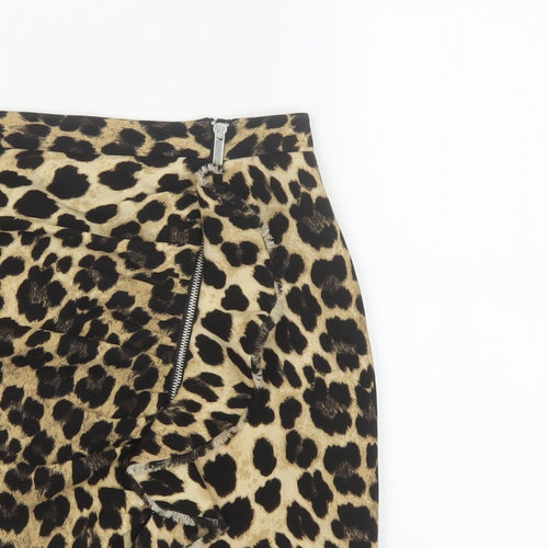 Zara Basic Women Beige Leopard Print Mini Skirt UK 8 Zip