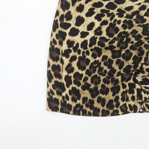Zara Basic Women Beige Leopard Print Mini Skirt UK 8 Zip