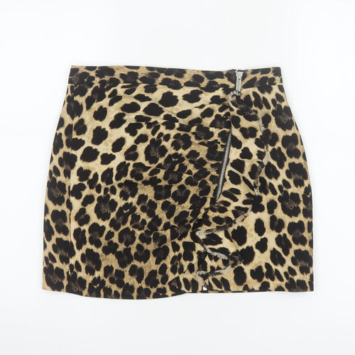 Zara Basic Women Beige Leopard Print Mini Skirt UK 8 Zip