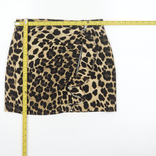 Zara Basic Women Beige Leopard Print Mini Skirt UK 8 Zip