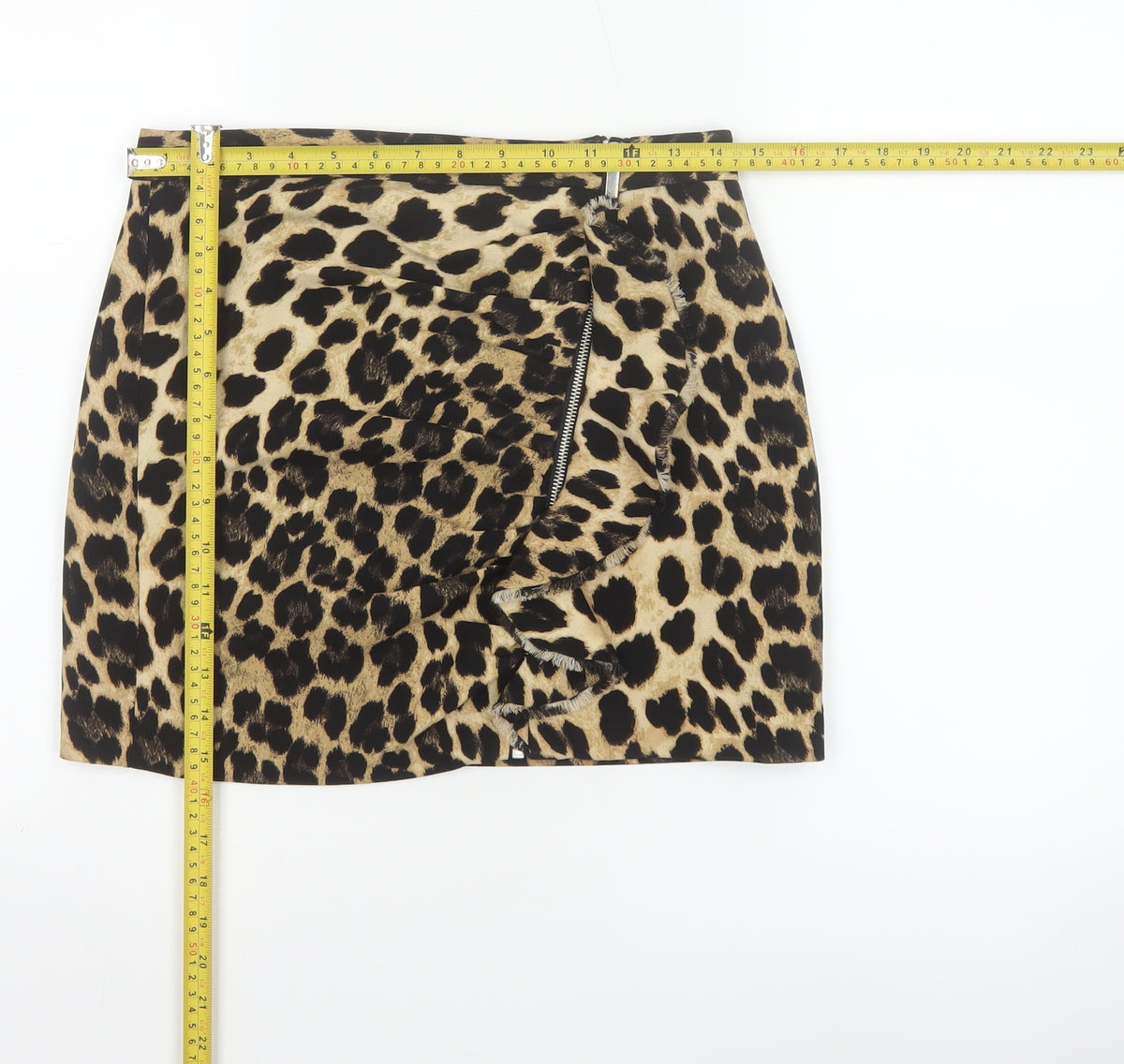 Zara Basic Women Beige Leopard Print Mini Skirt UK 8 Zip