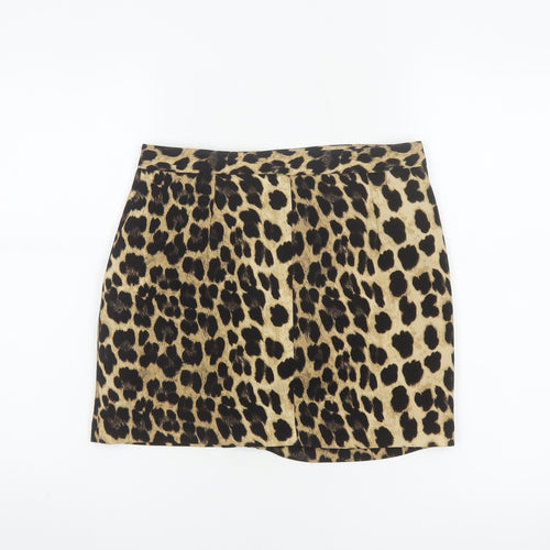 Zara Basic Women Beige Leopard Print Mini Skirt UK 8 Zip