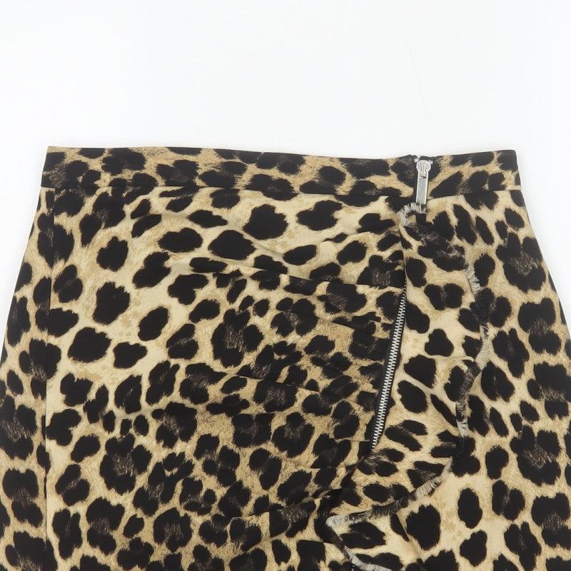 Zara Basic Women Beige Leopard Print Mini Skirt UK 8 Zip