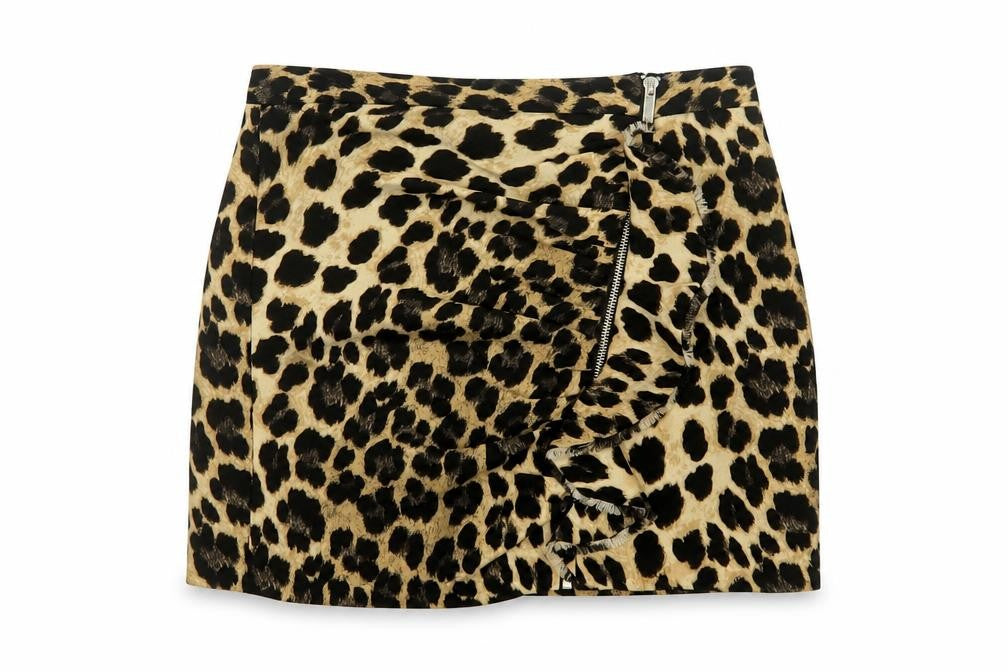 Zara Basic Women Beige Leopard Print Mini Skirt UK 8 Zip