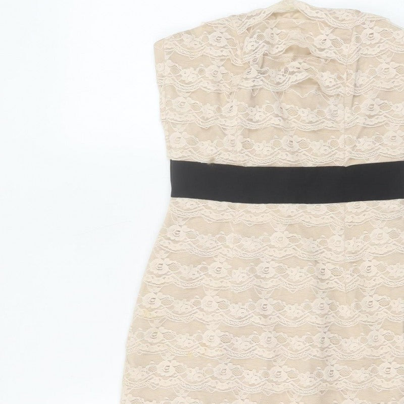 H&M Women Beige Lace Fit & Flare Strapless Dress UK 6 Wedding Party