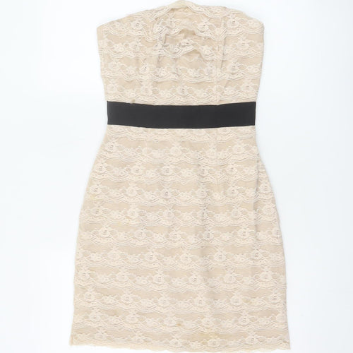H&M Women Beige Lace Fit & Flare Strapless Dress UK 6 Wedding Party