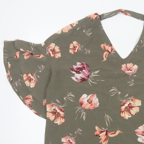 Blue Vanilla Women Green Floral V-Neck Flutter Sleeve Blouse M