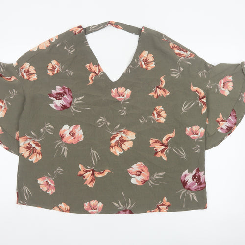 Blue Vanilla Women Green Floral V-Neck Flutter Sleeve Blouse M