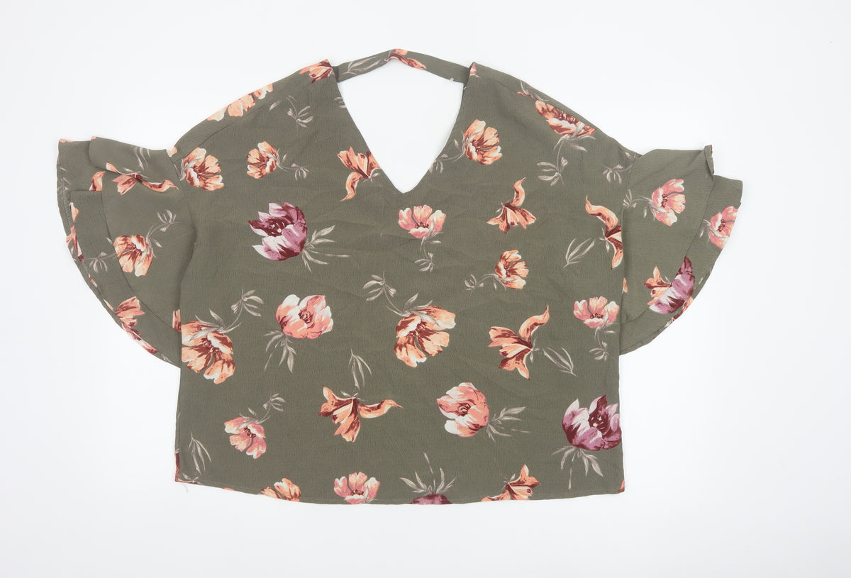 Blue Vanilla Women Green Floral V-Neck Flutter Sleeve Blouse M