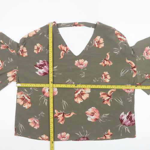 Blue Vanilla Women Green Floral V-Neck Flutter Sleeve Blouse M