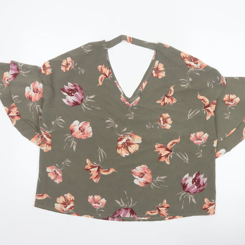 Blue Vanilla Women Green Floral V-Neck Flutter Sleeve Blouse M