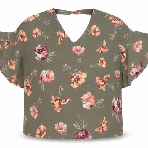 Blue Vanilla Women Green Floral V-Neck Flutter Sleeve Blouse M