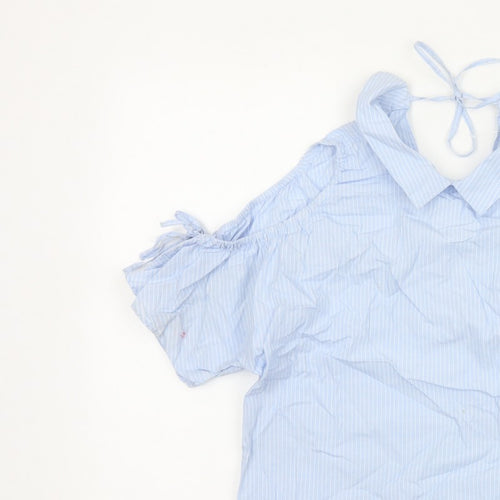 Zara Women Blue Stripe Off Shoulder Cold Shoulder Cotton Blouse Size S