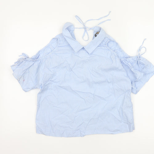 Zara Women Blue Stripe Off Shoulder Cold Shoulder Cotton Blouse Size S