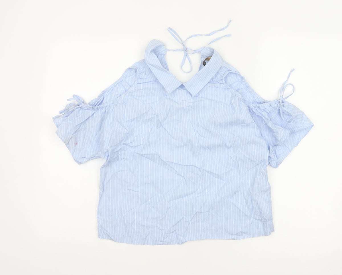 Zara Women Blue Stripe Off Shoulder Cold Shoulder Cotton Blouse Size S