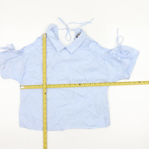Zara Women Blue Stripe Off Shoulder Cold Shoulder Cotton Blouse Size S