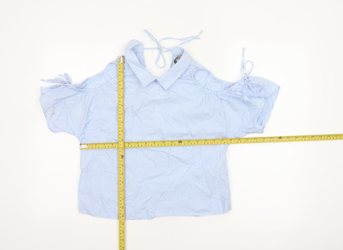 Zara Women Blue Stripe Off Shoulder Cold Shoulder Cotton Blouse Size S