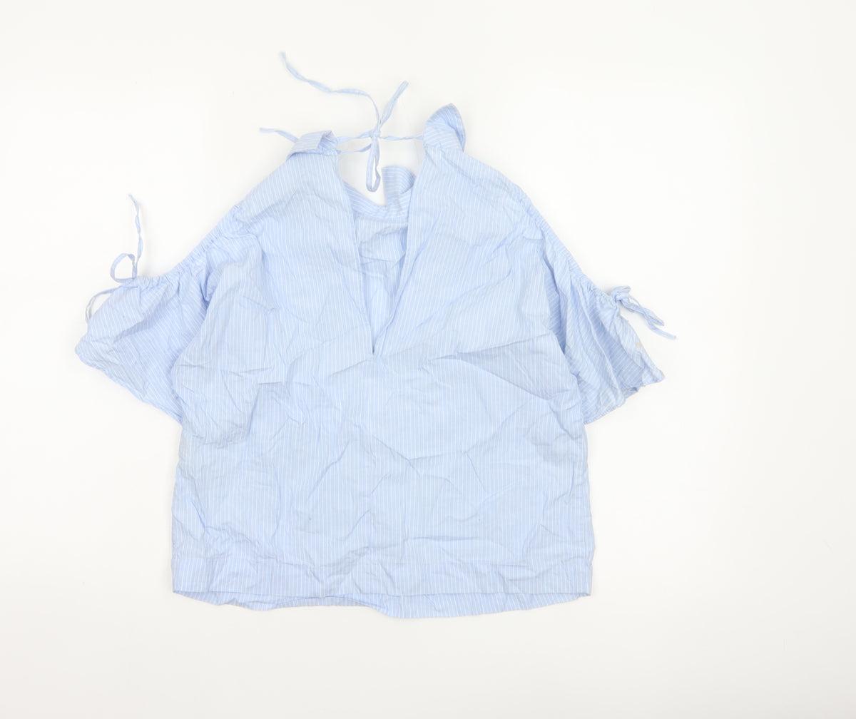 Zara Women Blue Stripe Off Shoulder Cold Shoulder Cotton Blouse Size S