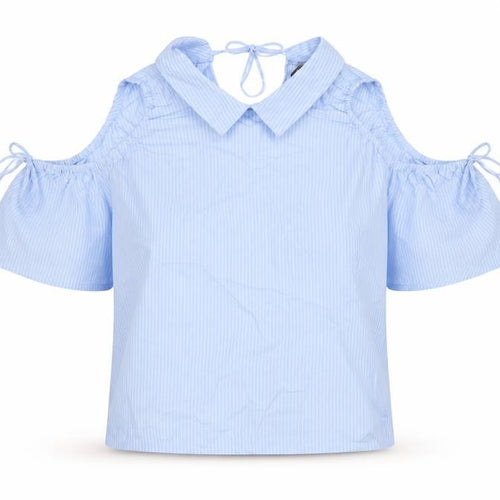 Zara Women Blue Stripe Off Shoulder Cold Shoulder Cotton Blouse Size S