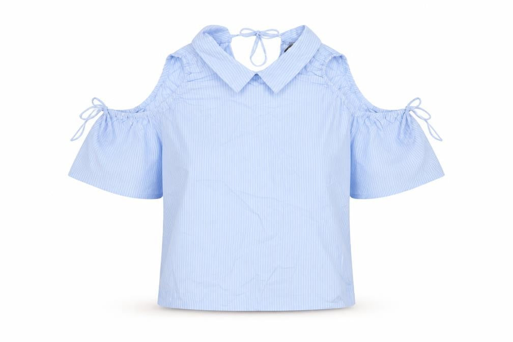 Zara Women Blue Stripe Off Shoulder Cold Shoulder Cotton Blouse Size S