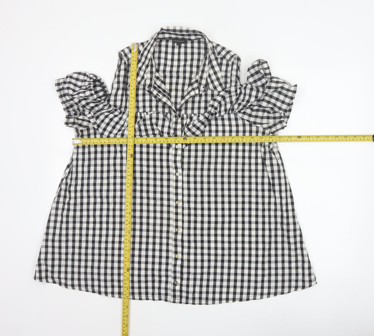 River Island Women Black White Check Puff Sleeve Blouse UK 16