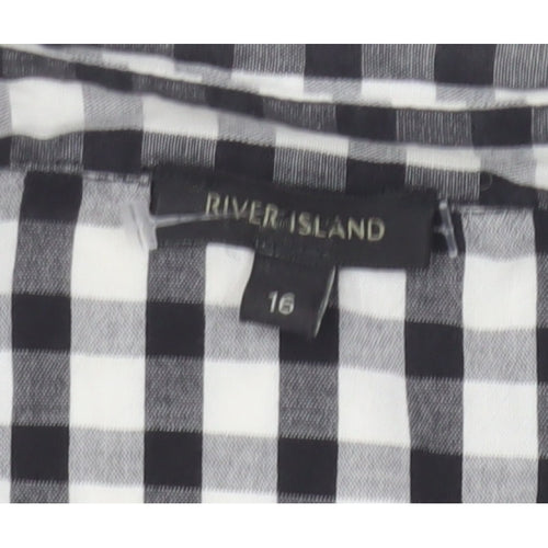 River Island Women Black White Check Puff Sleeve Blouse UK 16