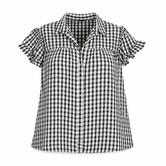 River Island Women Black White Check Puff Sleeve Blouse UK 16