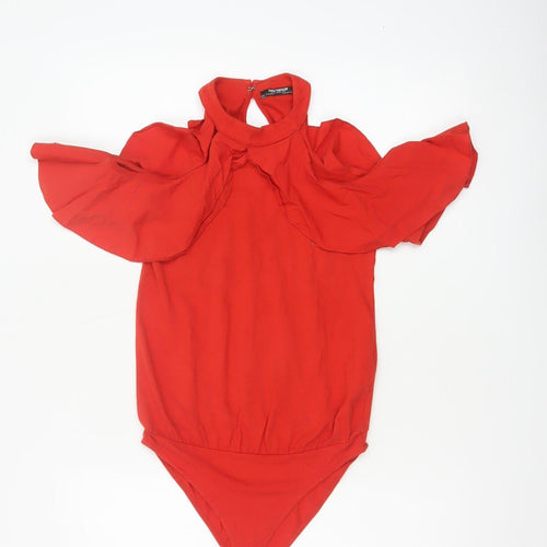 Zara Trafaluc Women Red S Ruffle Cold Shoulder High Neck Bodysuit