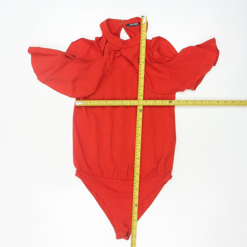 Zara Trafaluc Women Red S Ruffle Cold Shoulder High Neck Bodysuit