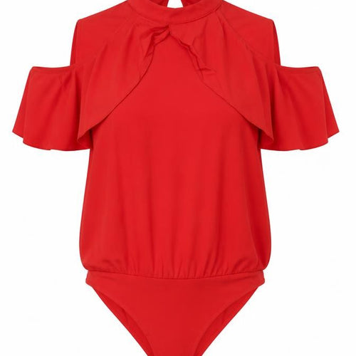 Zara Trafaluc Women Red S Ruffle Cold Shoulder High Neck Bodysuit