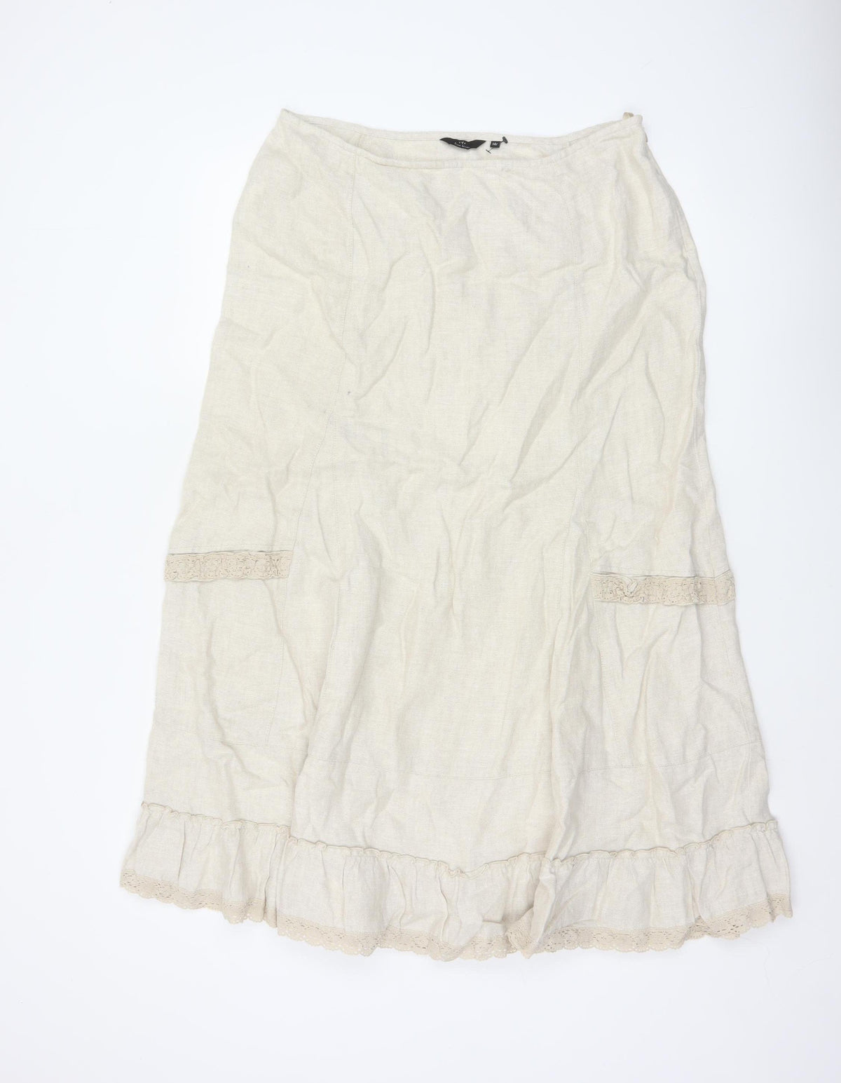 George Women Ivory UK 14 Pure Linen Peasant Long Lace Ruffle Skirt