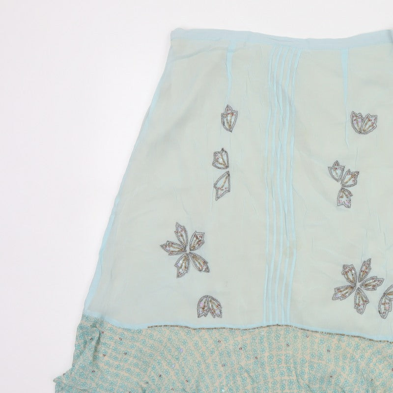 Fransa Women Blue UK 10 A-Line Floral Beaded Ruffle Knee Skirt