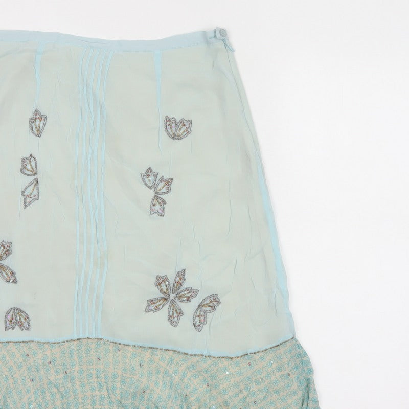 Fransa Women Blue UK 10 A-Line Floral Beaded Ruffle Knee Skirt