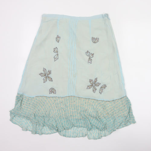 Fransa Women Blue UK 10 A-Line Floral Beaded Ruffle Knee Skirt