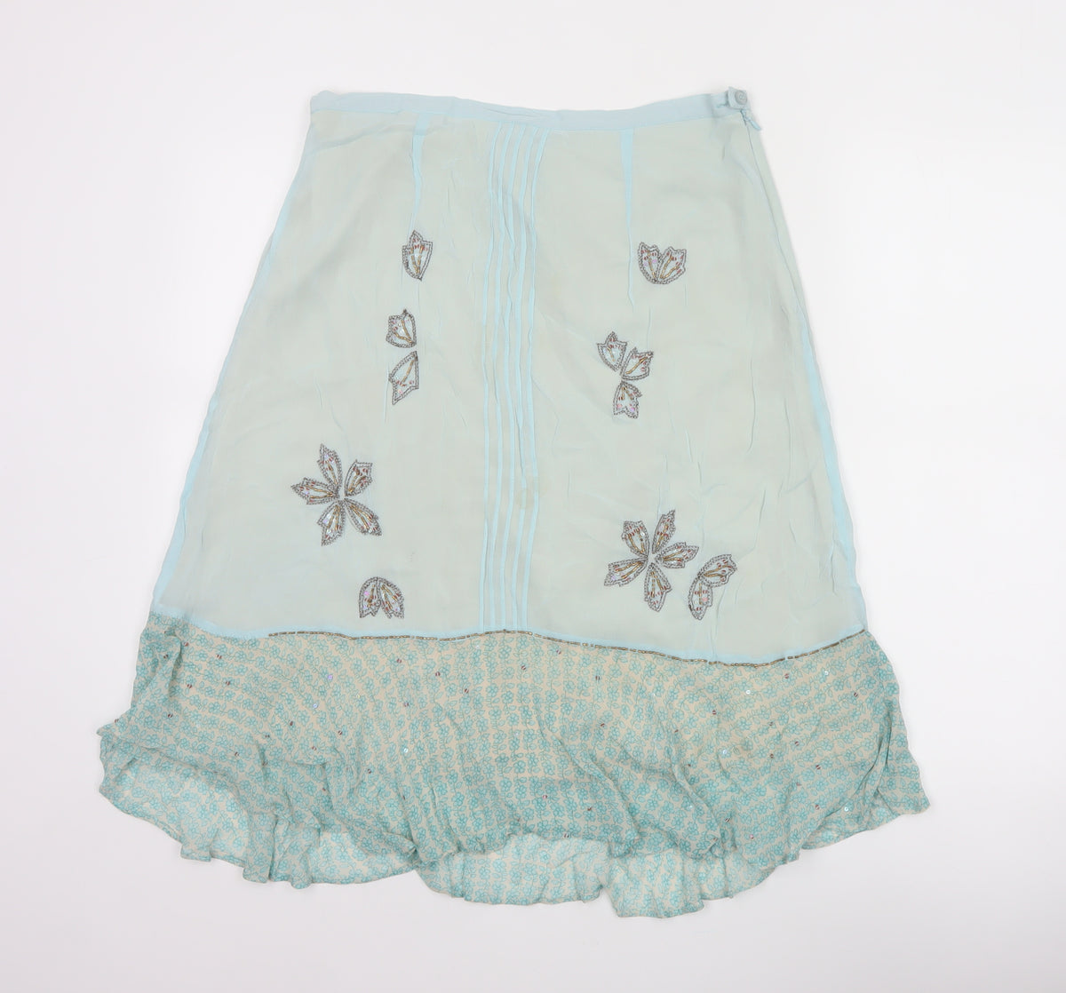 Fransa Women Blue UK 10 A-Line Floral Beaded Ruffle Knee Skirt