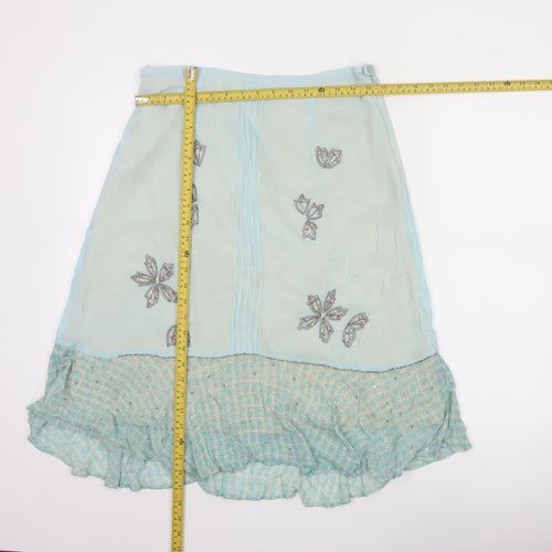 Fransa Women Blue UK 10 A-Line Floral Beaded Ruffle Knee Skirt