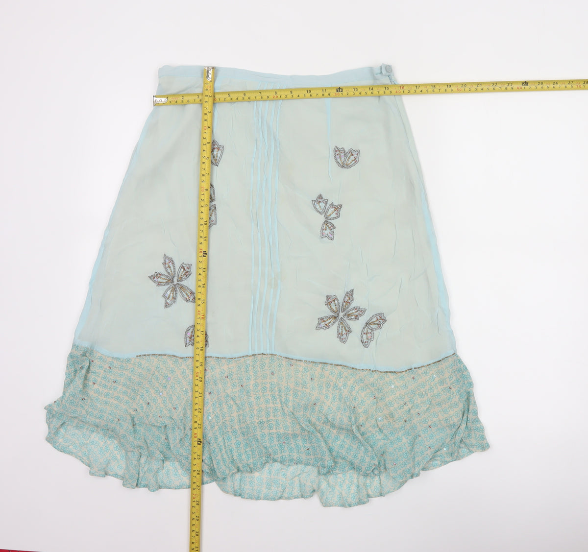 Fransa Women Blue UK 10 A-Line Floral Beaded Ruffle Knee Skirt