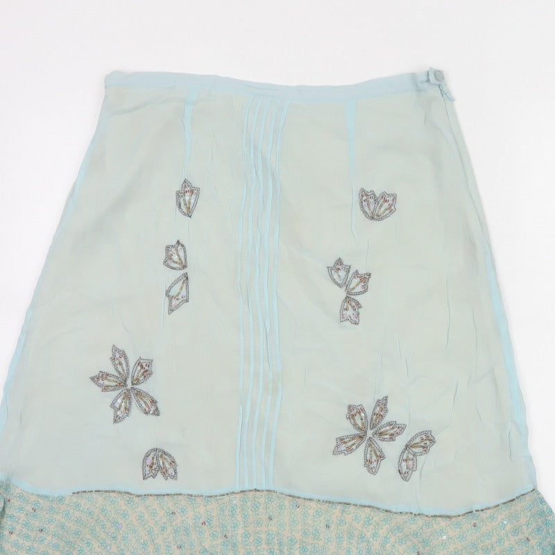 Fransa Women Blue UK 10 A-Line Floral Beaded Ruffle Knee Skirt