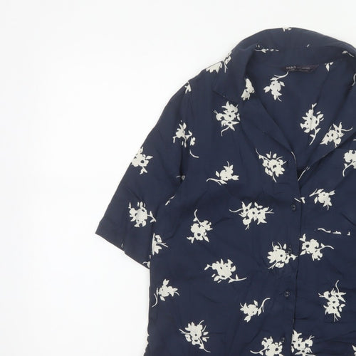 Marks & Spencer Women Blue UK 6 Floral Short Sleeve Button-Up Blouse