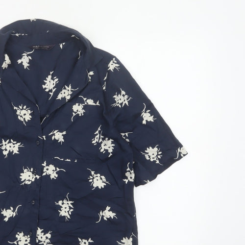 Marks & Spencer Women Blue UK 6 Floral Short Sleeve Button-Up Blouse